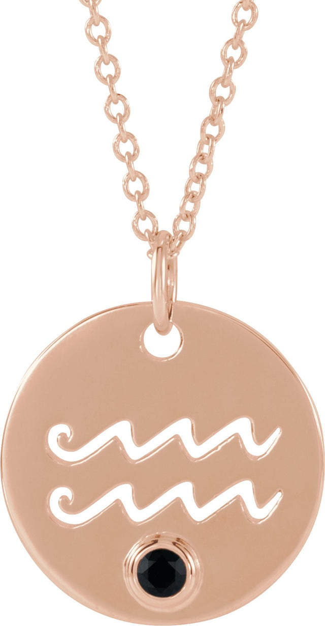 14K Gold Round Natural Black Spinel Aquarius Disc Necklace or Pendant - Rose Gold