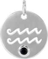 14K Gold Round Natural Black Spinel Zodiac Disc Necklace or Pendant - White Gold