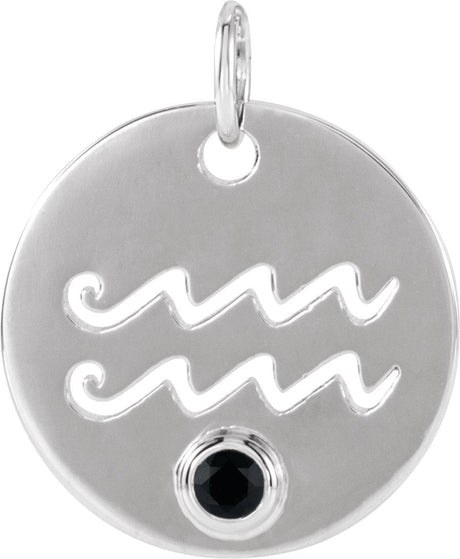 14K Gold Round Natural Black Spinel Zodiac Disc Necklace or Pendant - White Gold