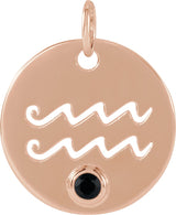 14K Gold Round Natural Black Spinel Zodiac Disc Necklace or Pendant - Rose Gold
