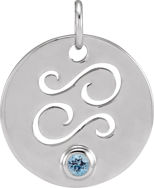 14K Gold Round Natural Aquamarine Zodiac Disc Necklace or Pendant - White Gold