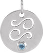 14K Gold Round Natural Aquamarine Zodiac Disc Necklace or Pendant - White Gold