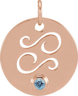 14K Gold Round Natural Aquamarine Zodiac Disc Necklace or Pendant - Rose Gold