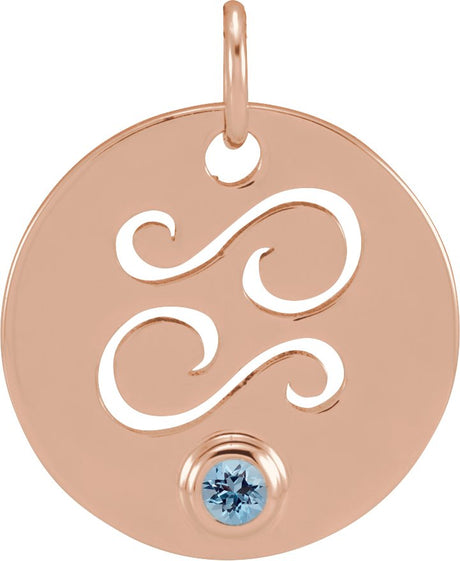 14K Gold Round Natural Aquamarine Zodiac Disc Necklace or Pendant - Rose Gold