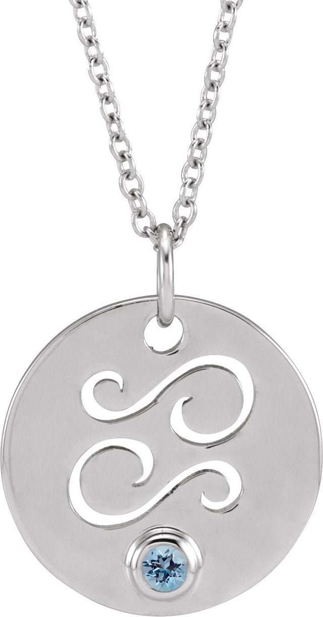 14K Gold Round Natural Aquamarine Cancer Disc Necklace or Pendant - White Gold