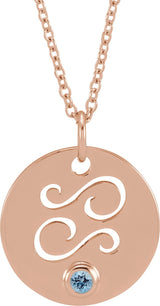 14K Gold Round Natural Aquamarine Cancer Disc Necklace or Pendant - Rose Gold