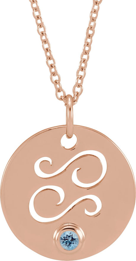 14K Gold Round Natural Aquamarine Cancer Disc Necklace or Pendant - Rose Gold