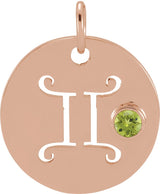 14K Gold Round Natural Peridot Zodiac Disc Necklace or Pendant - Rose Gold