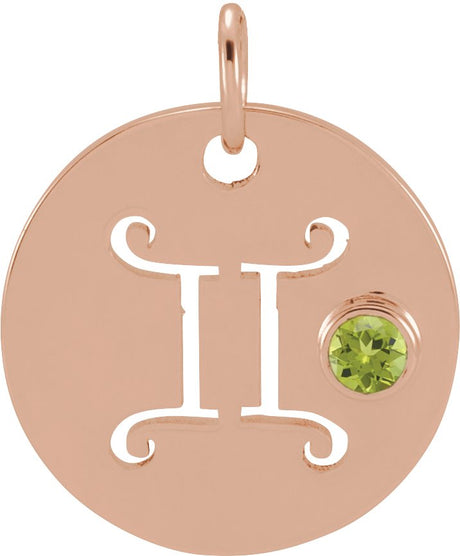 14K Gold Round Natural Peridot Zodiac Disc Necklace or Pendant - Rose Gold