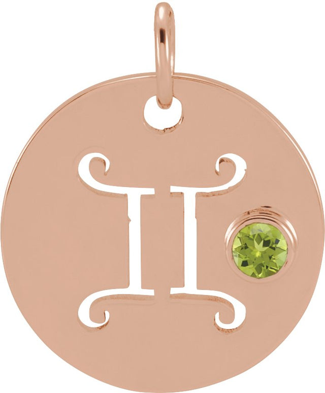 14K Gold Round Natural Peridot Zodiac Disc Necklace or Pendant - Rose Gold