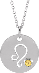 Platinum Round Natural Citrine Leo Disc Necklace or Pendant