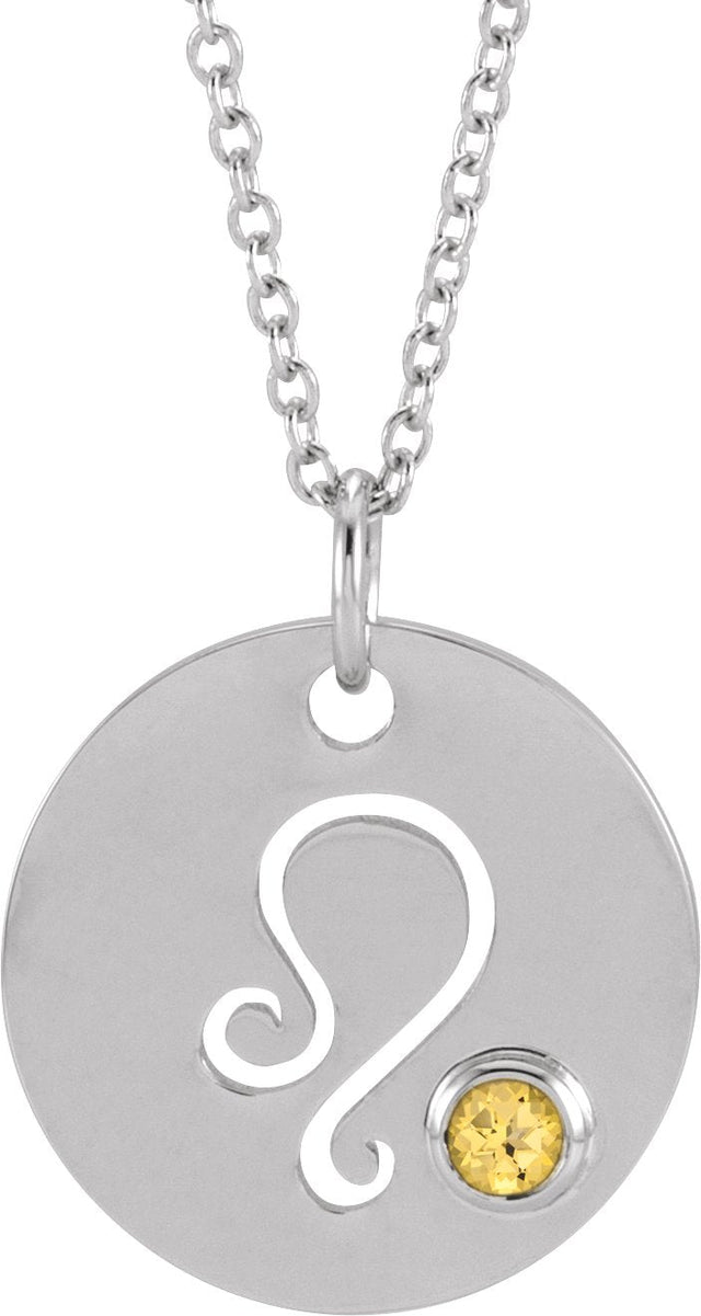 Platinum Round Natural Citrine Leo Disc Necklace or Pendant