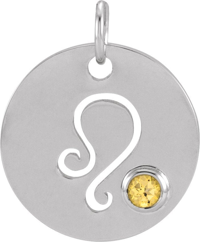 Platinum Round Natural Citrine Zodiac Disc Necklace or Pendant