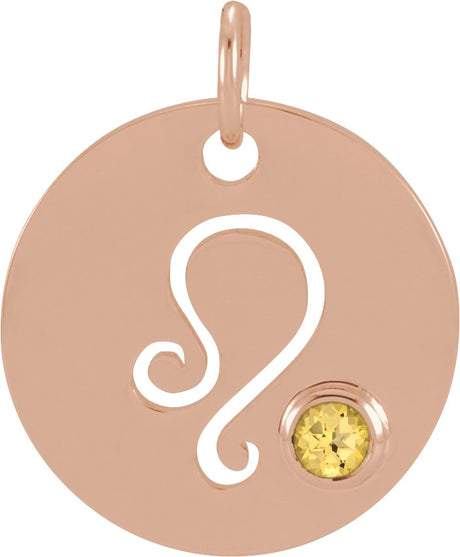 14K Gold Round Natural Citrine Zodiac Disc Necklace or Pendant - Rose Gold