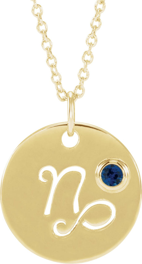 14K Gold Round Natural Blue Sapphire Capricorn Disc Necklace or Pendant - Yellow Gold