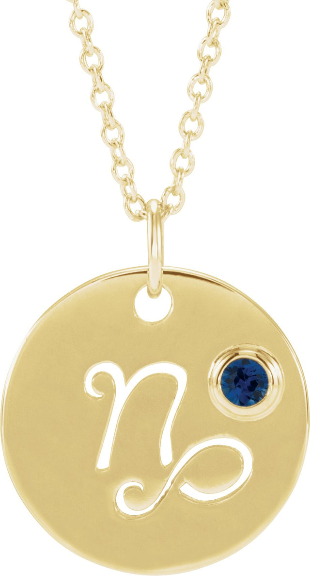 14K Gold Round Natural Blue Sapphire Capricorn Disc Necklace or Pendant - Yellow Gold