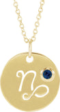 14K Gold Round Natural Blue Sapphire Capricorn Disc Necklace or Pendant - Yellow Gold