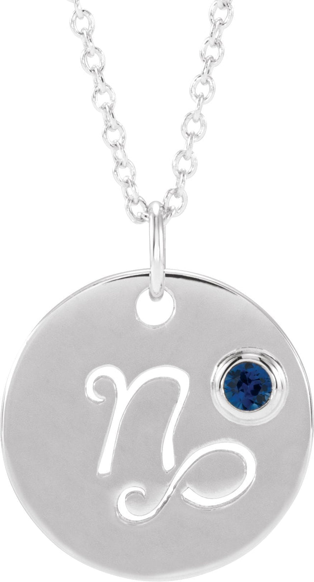 14K Gold Round Natural Blue Sapphire Capricorn Disc Necklace or Pendant - White Gold