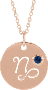 14K Gold Round Natural Blue Sapphire Capricorn Disc Necklace or Pendant - Rose Gold