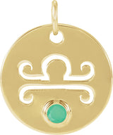 14K Gold Round Natural Green Chrysoprase Zodiac Disc Necklace or Pendant - Yellow Gold