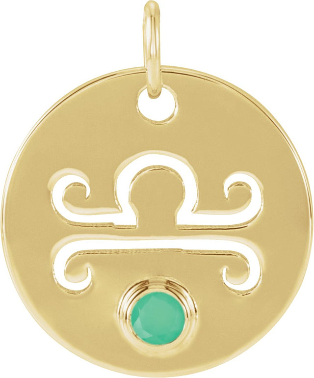 14K Gold Round Natural Green Chrysoprase Zodiac Disc Necklace or Pendant - Yellow Gold
