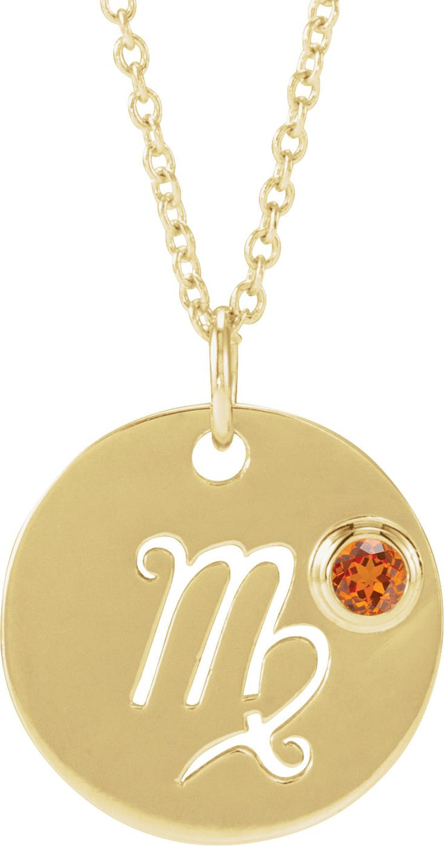 14K Gold Round Natural Spessartite Garnet Virgo Disc Necklace or Pendant - Yellow Gold