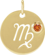14K Gold Round Natural Spessartite Garnet Zodiac Disc Necklace or Pendant - Yellow Gold