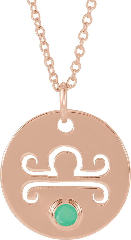 14K Gold Round Natural Green Chrysoprase Libra Disc Necklace or Pendant - Rose Gold