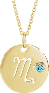 14K Gold Round Natural Blue Zircon Scorpio Disc Necklace or Pendant - Yellow Gold