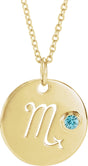 14K Gold Round Natural Blue Zircon Scorpio Disc Necklace or Pendant - Yellow Gold