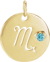 14K Gold Round Natural Blue Zircon Zodiac Disc Necklace or Pendant - Yellow Gold