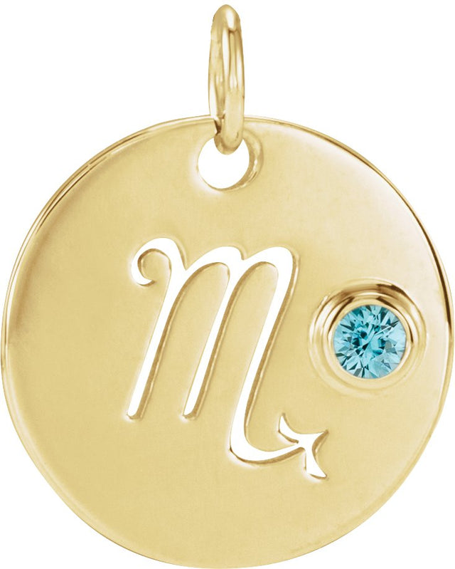 14K Gold Round Natural Blue Zircon Zodiac Disc Necklace or Pendant - Yellow Gold