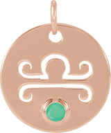 14K Gold Round Natural Green Chrysoprase Zodiac Disc Necklace or Pendant - Rose Gold