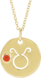 14K Gold Round Natural Mexican Fire Opal Taurus Disc Necklace or Pendant - Yellow Gold