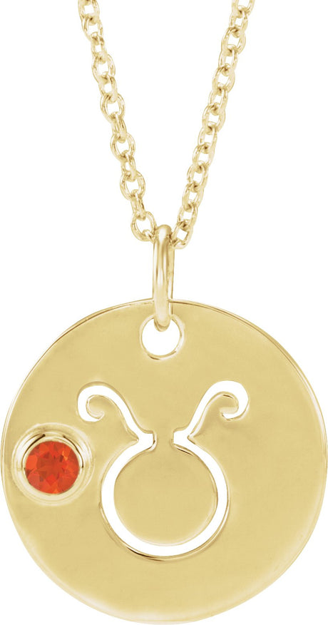 14K Gold Round Natural Mexican Fire Opal Taurus Disc Necklace or Pendant - Yellow Gold