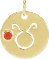 14K Gold Round Natural Mexican Fire Opal Zodiac Disc Necklace or Pendant - Yellow Gold
