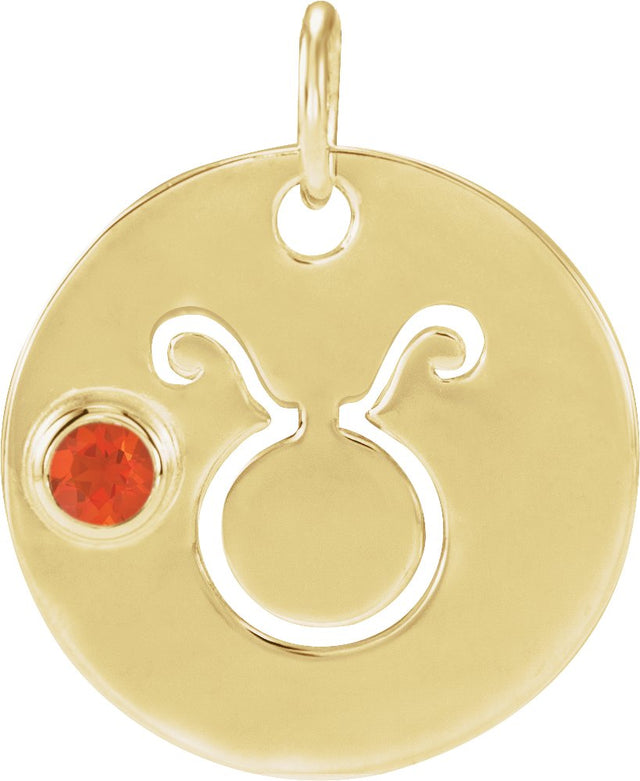 14K Gold Round Natural Mexican Fire Opal Zodiac Disc Necklace or Pendant - Yellow Gold