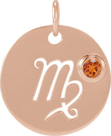 14K Gold Round Natural Spessartite Garnet Zodiac Disc Necklace or Pendant - Rose Gold