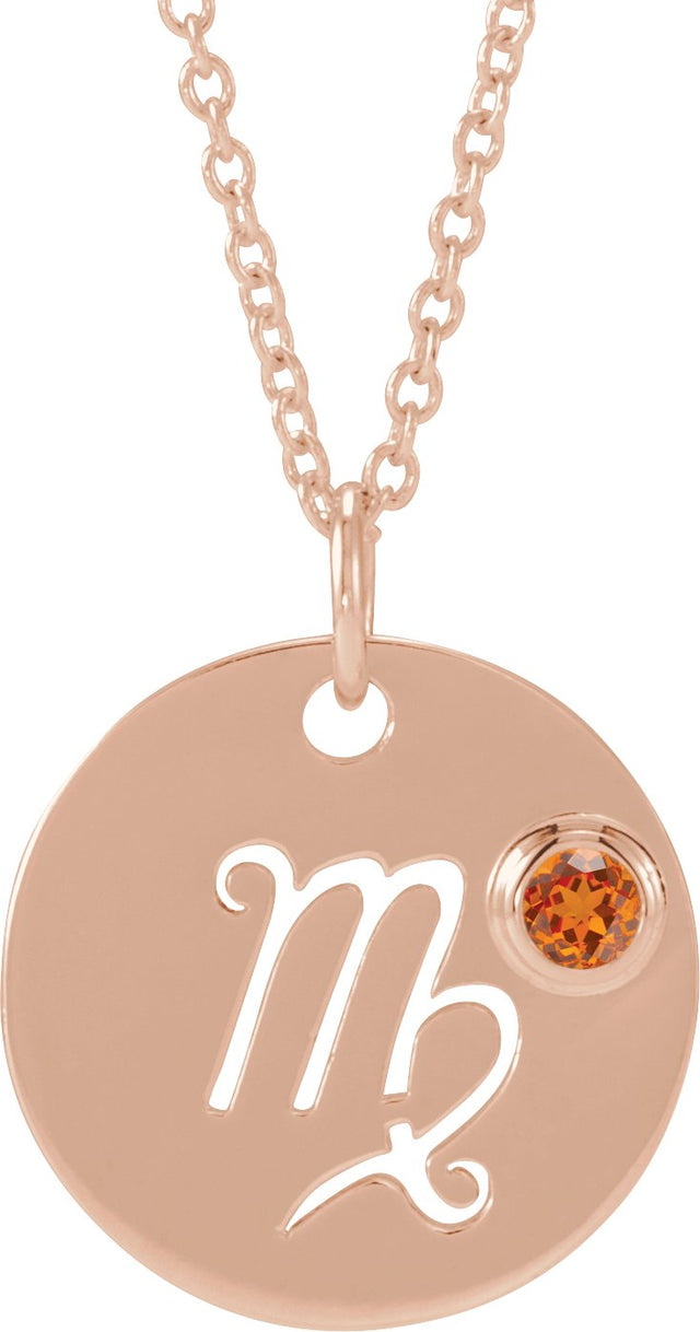 14K Gold Round Natural Spessartite Garnet Virgo Disc Necklace or Pendant - Rose Gold
