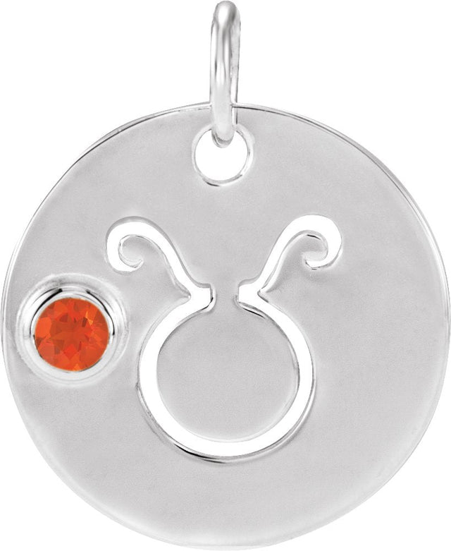 14K Gold Round Natural Mexican Fire Opal Zodiac Disc Necklace or Pendant - White Gold