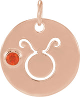 14K Gold Round Natural Mexican Fire Opal Zodiac Disc Necklace or Pendant - Rose Gold