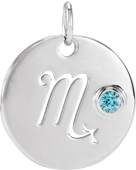Platinum Round Natural Blue Zircon Zodiac Disc Necklace or Pendant
