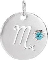 14K Gold Round Natural Blue Zircon Zodiac Disc Necklace or Pendant - White Gold
