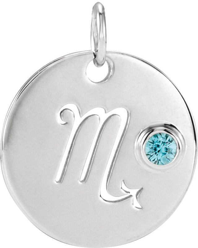 14K Gold Round Natural Blue Zircon Zodiac Disc Necklace or Pendant - White Gold