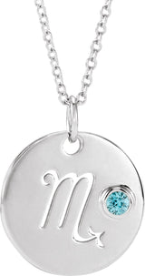 14K Gold Round Natural Blue Zircon Scorpio Disc Necklace or Pendant - White Gold