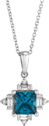 Platinum Square Natural London Blue Topaz & Natural Diamond Geometric Necklace or Pendant – 1/5 CTW