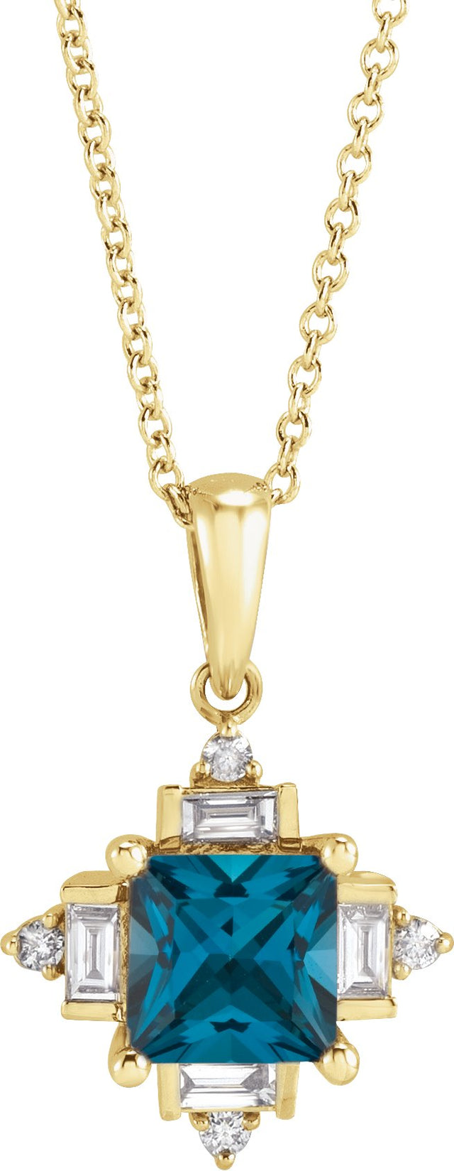 14K Gold Square Natural London Blue Topaz & Natural Diamond Geometric Necklace or Pendant – 1/5 CTW - Yellow Gold