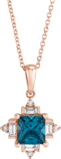 14K Gold Square Natural London Blue Topaz & Natural Diamond Geometric Necklace or Pendant – 1/5 CTW - Rose Gold