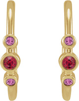 14K Gold Round Natural Ruby & Natural Pink Sapphire Bezel-Set Hoop Earrings - Yellow Gold - view 2