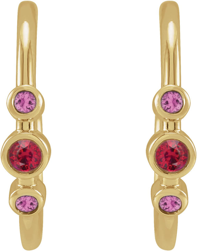 14K Gold Round Natural Ruby & Natural Pink Sapphire Bezel-Set Hoop Earrings - Yellow Gold - view 2